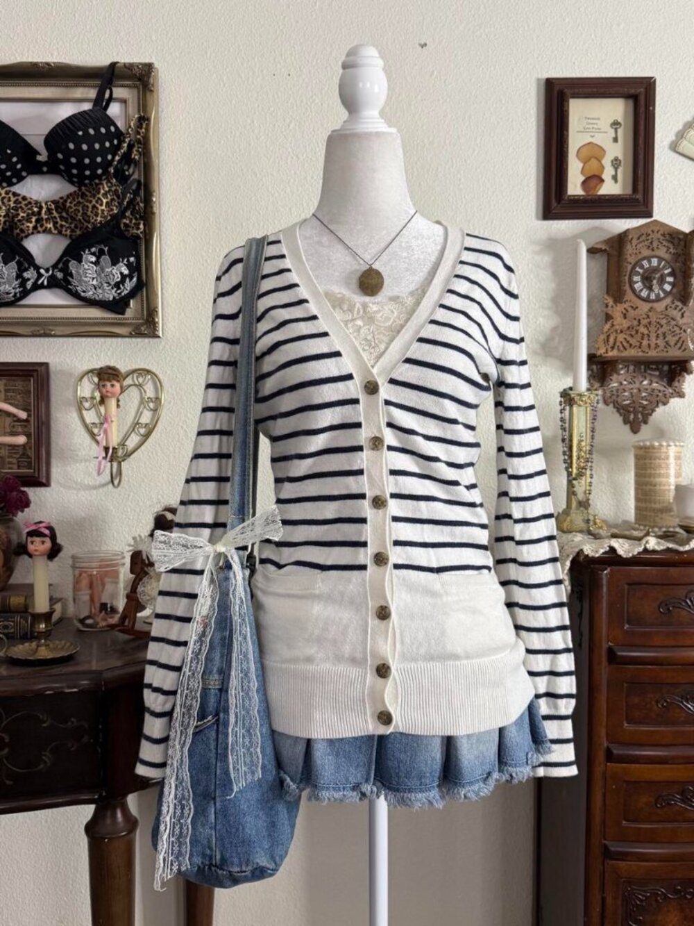 Preppy girly grunge navy blue and white nautical striped cotton cashmere blend c